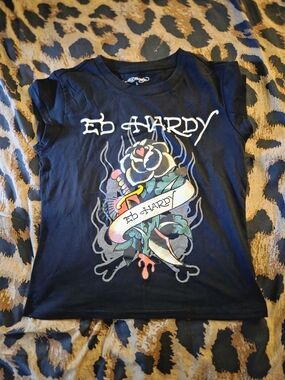 Ed Hardy Black BabyTee with Multicolor Rose & Banner Graphic